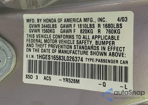 2003 Honda Civic Lx from USA, damaged, VIN 1HGES16583L026374